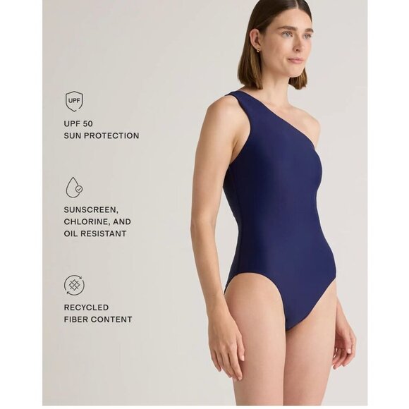 Quince Medium Italian One Shoulder One Piece Swimsuit Swim Wear Navy Blue NWT - Picture 9 of 10